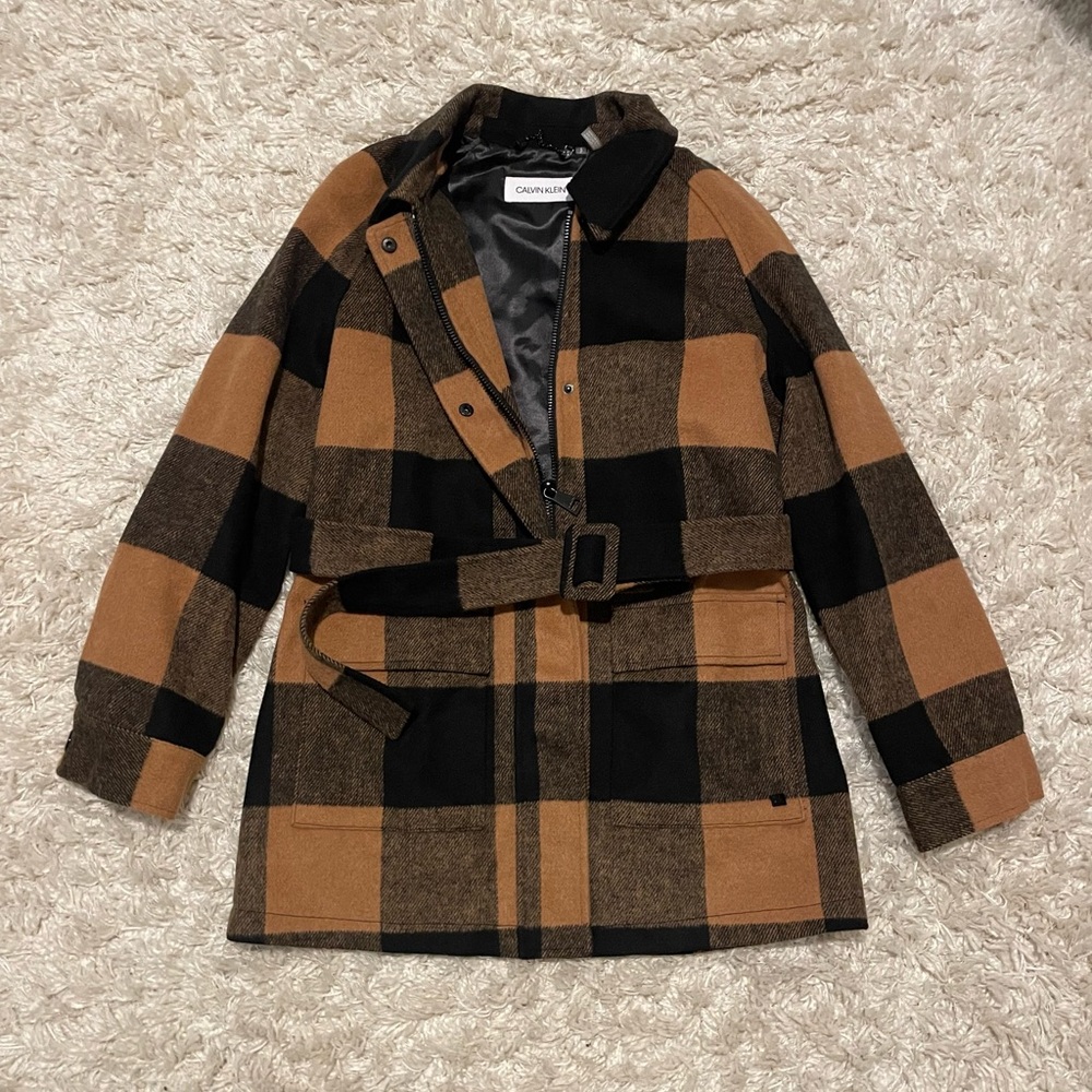 Calvin Klein Black and Brown Trench Coat Wool Blend